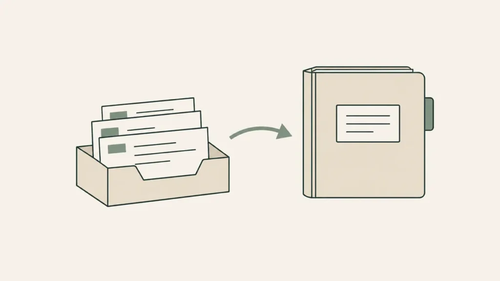 An inquiry card tray points to a closed clinical binder, showing the handoff from a therapy inquiry log to the EHR.