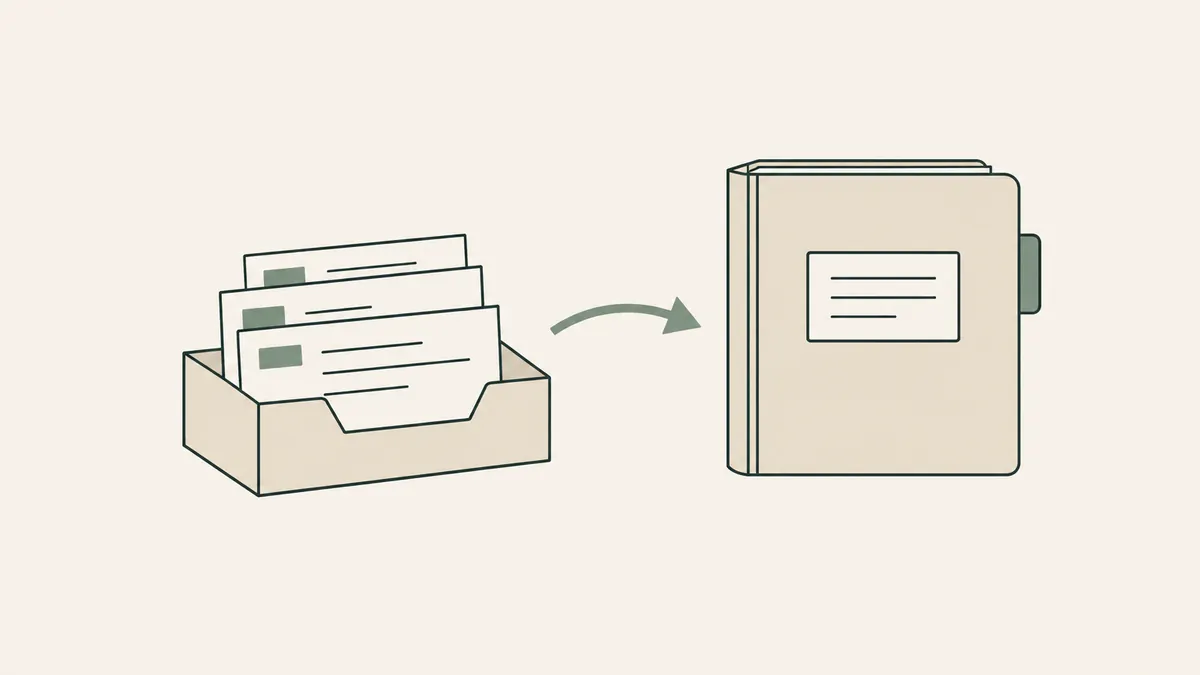 An inquiry card tray points to a closed clinical binder, showing the handoff from a therapy inquiry log to the EHR.