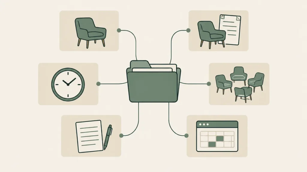 A central EHR folder connects to six practice needs shown by chairs, a claim form, clock, pad and booking window.