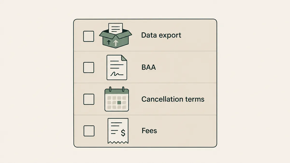 A central EHR folder connects to six practice needs shown by chairs, a claim form, clock, pad and booking window.