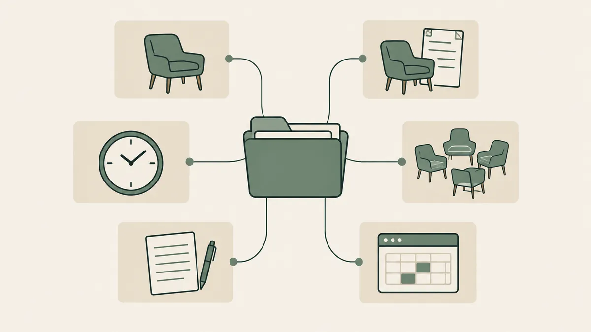 A central EHR folder connects to six practice needs shown by chairs, a claim form, clock, pad and booking window.