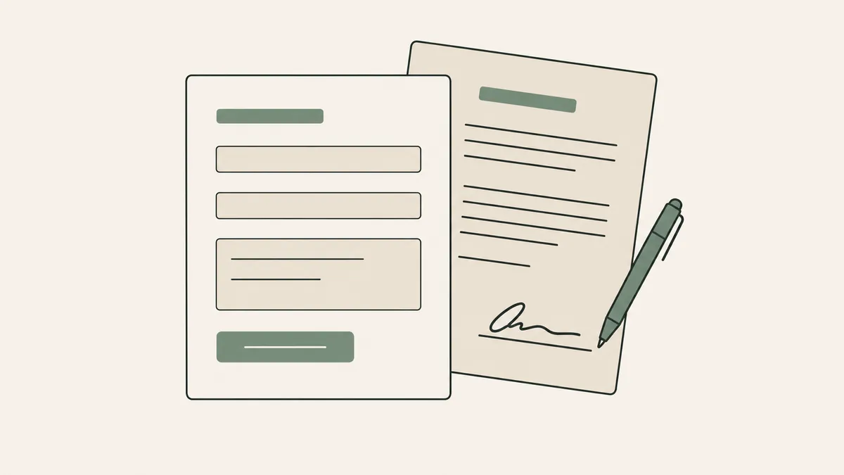 A simple form overlaps a signed agreement and pen, illustrating the vendor agreement behind a therapy practice form.