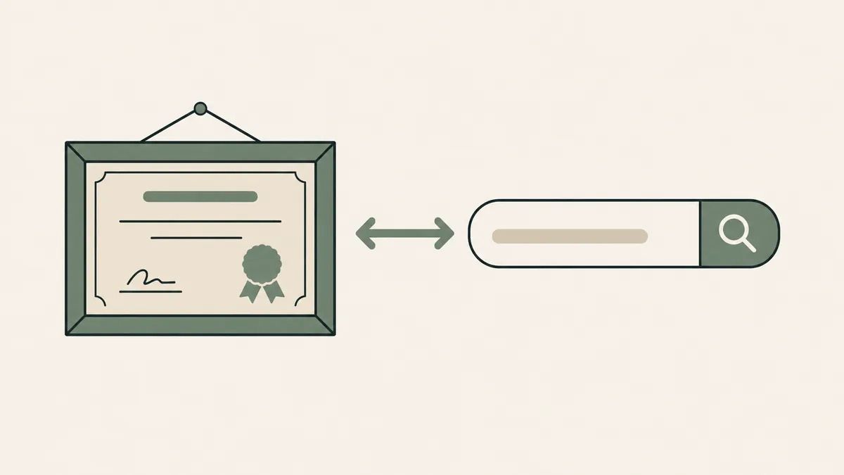 A framed professional certificate and search bar connect with a two-way arrow, contrasting license and search wording.