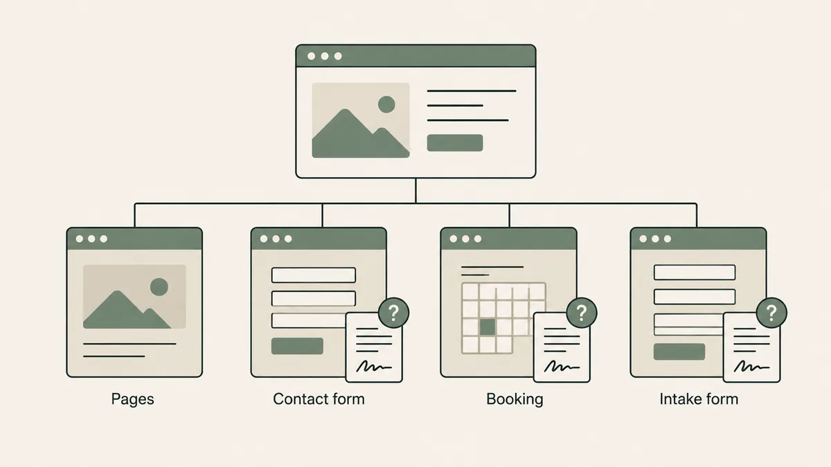 A website layout connects to highlighted contact form, calendar and inbox modules that collect visitor information.