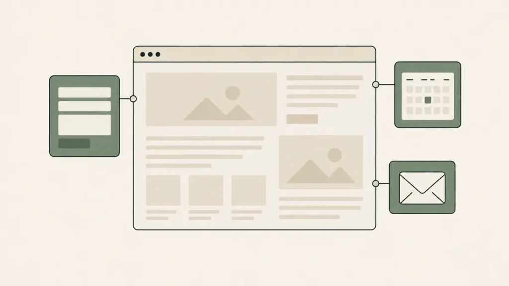 A website layout connects to highlighted contact form, calendar and inbox modules that collect visitor information.