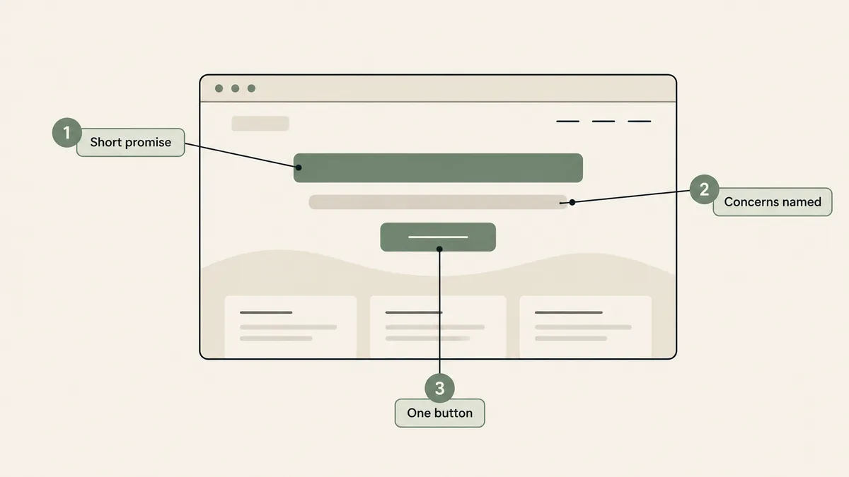 Four abstract website windows highlight a headline, grouped menu, fees section and credentials beneath a name.