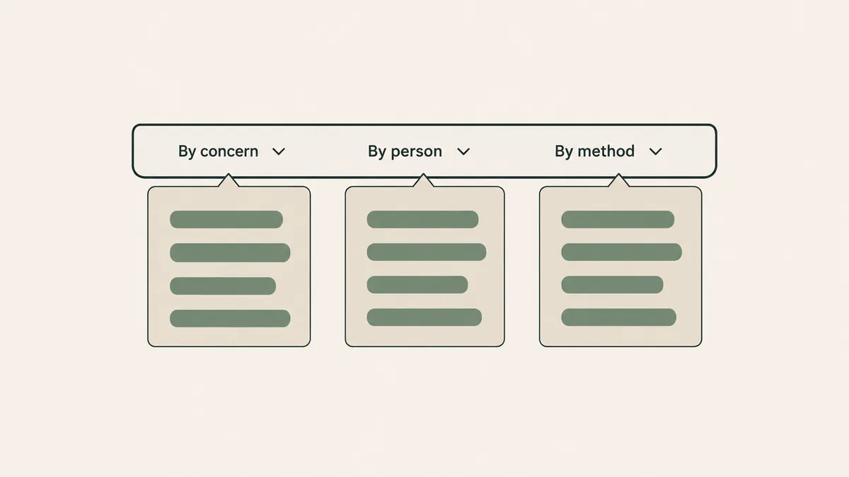 Four abstract website windows highlight a headline, grouped menu, fees section and credentials beneath a name.
