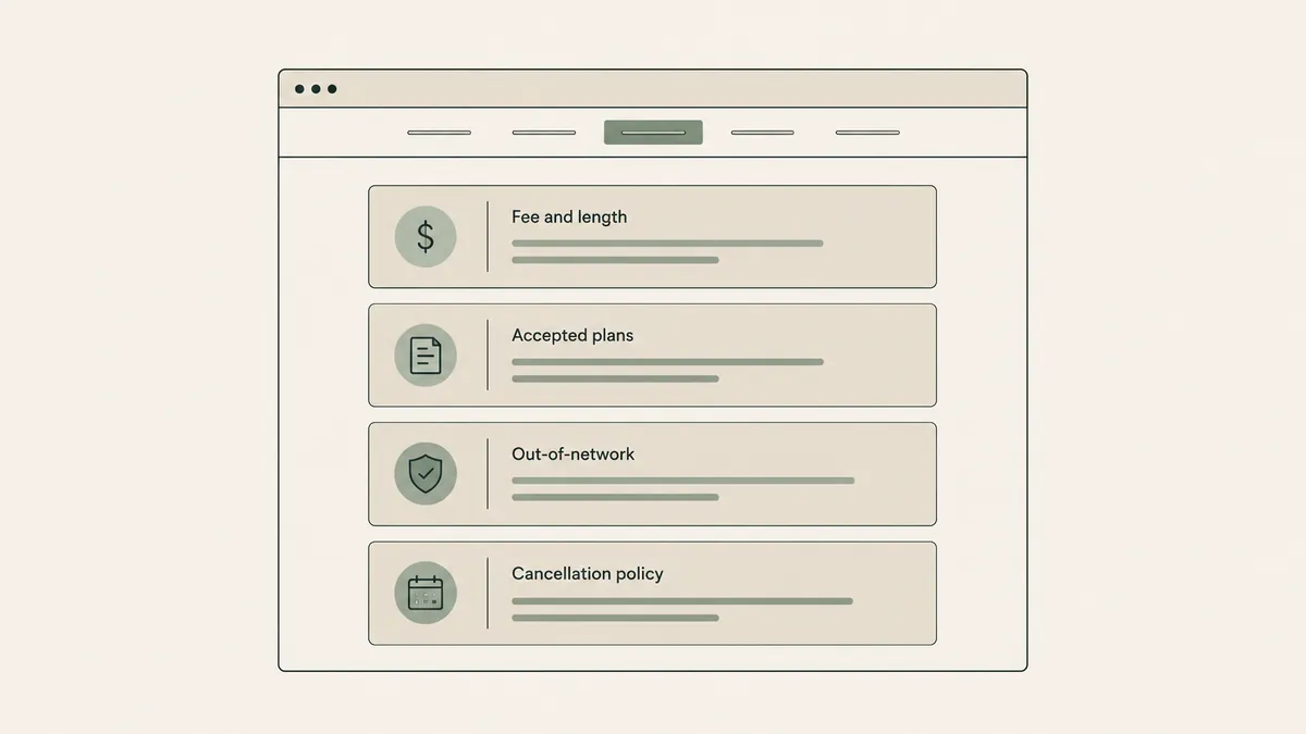Four abstract website windows highlight a headline, grouped menu, fees section and credentials beneath a name.
