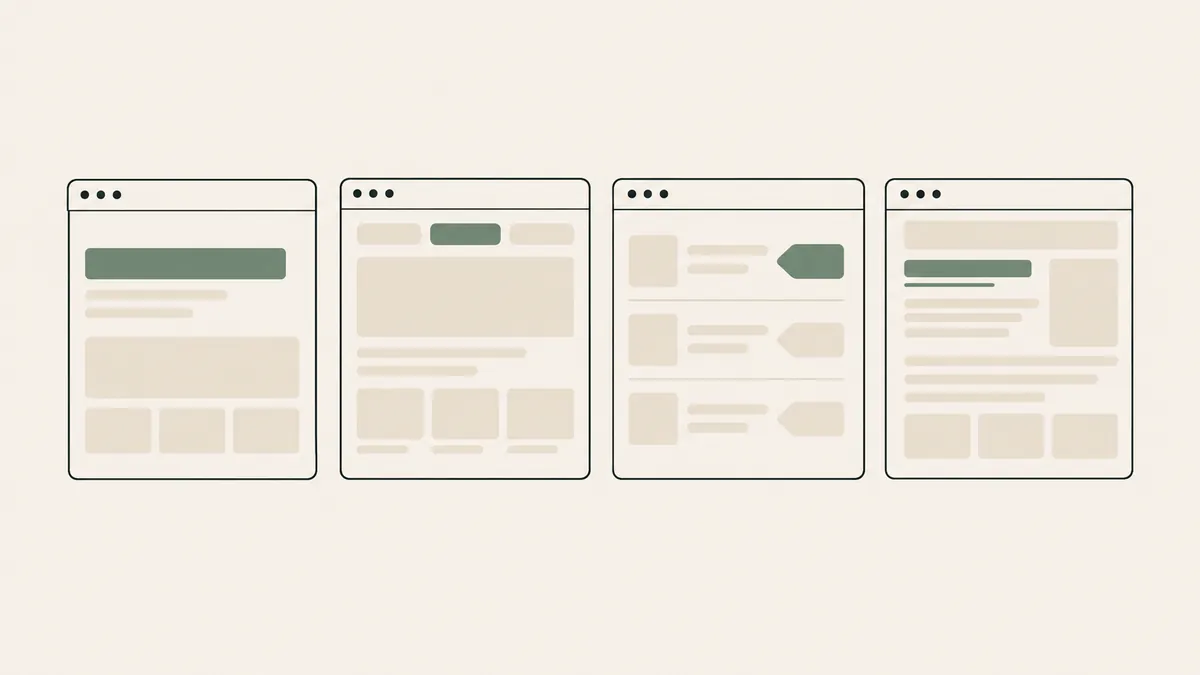 Four abstract website windows highlight a headline, grouped menu, fees section and credentials beneath a name.