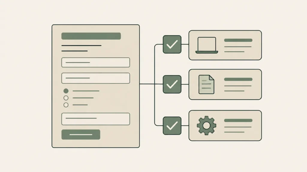 A form connects to three checked requirements representing the account, accepted agreement and correct form setup.