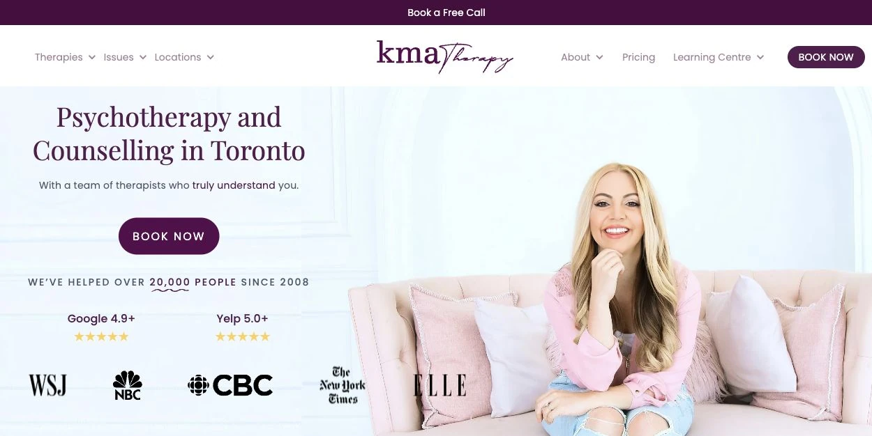 KMA Therapy homepage with counselling services and a welcoming therapy space