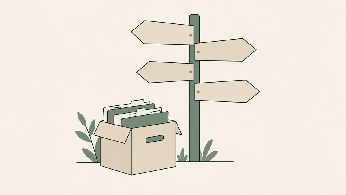 An unmarked signpost points in several directions beside a box of folders, representing different reasons to switch EHRs.