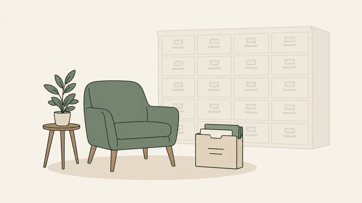 One armchair and a compact file folder sit in front of a faint large cabinet, suggesting software sized for solo practice.