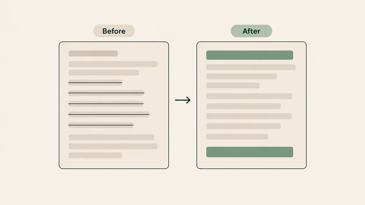 A dense resume-style bio with credentials becomes a shorter reader-focused note with a highlighted opening and button.