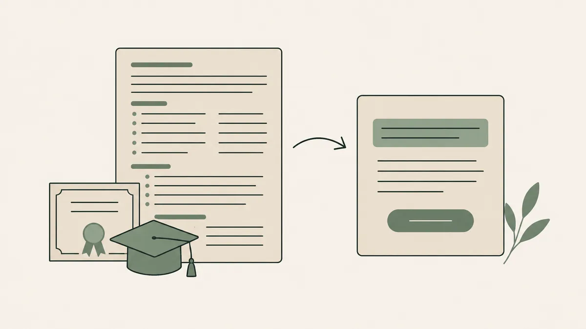 A dense resume-style bio with credentials becomes a shorter reader-focused note with a highlighted opening and button.