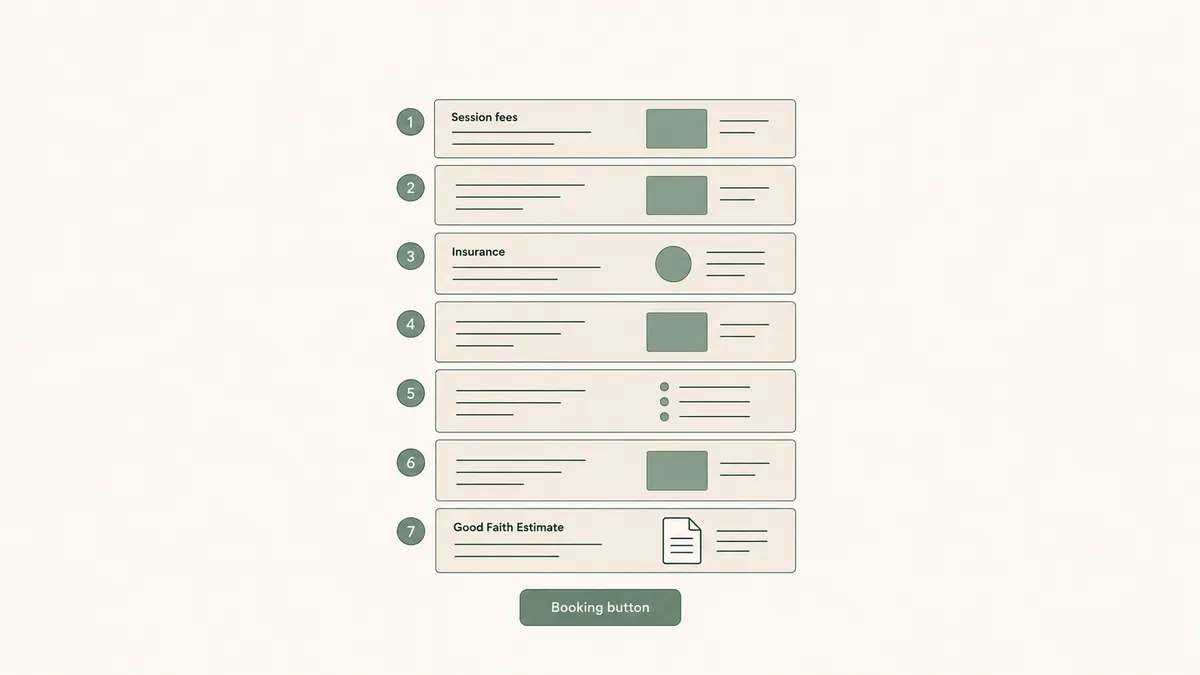 A fees page with stacked information blocks sits behind a blank price tag and insurance card for pre-call money questions.