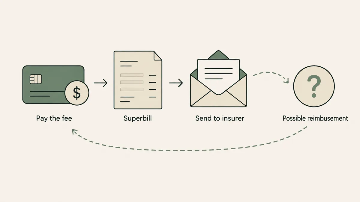 A fees page with stacked information blocks sits behind a blank price tag and insurance card for pre-call money questions.