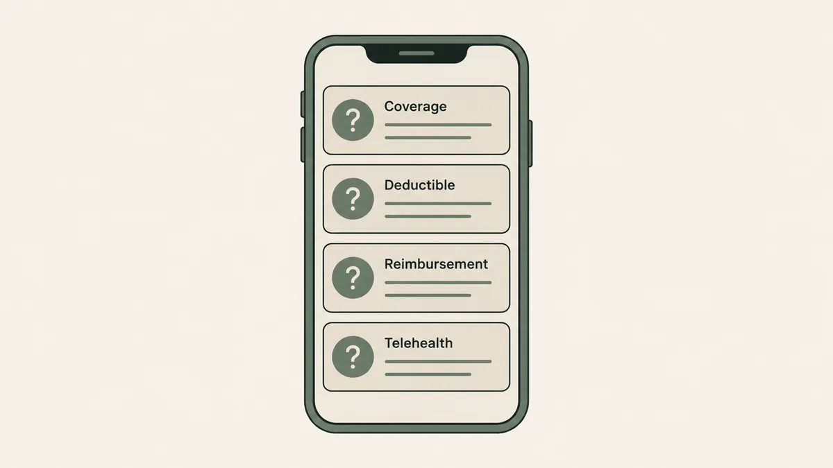 A fees page with stacked information blocks sits behind a blank price tag and insurance card for pre-call money questions.