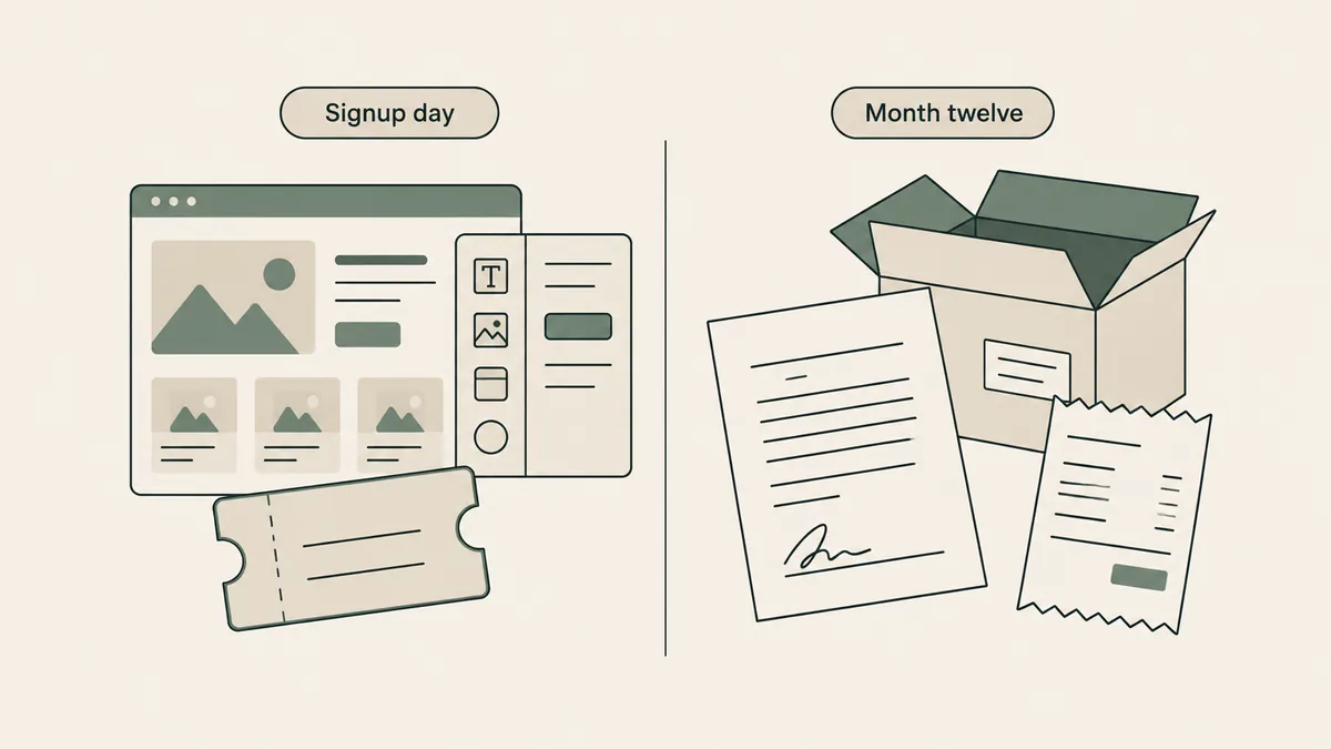 A website window sits beside a calendar with twelve squares and the final square highlighted to mark the first year.