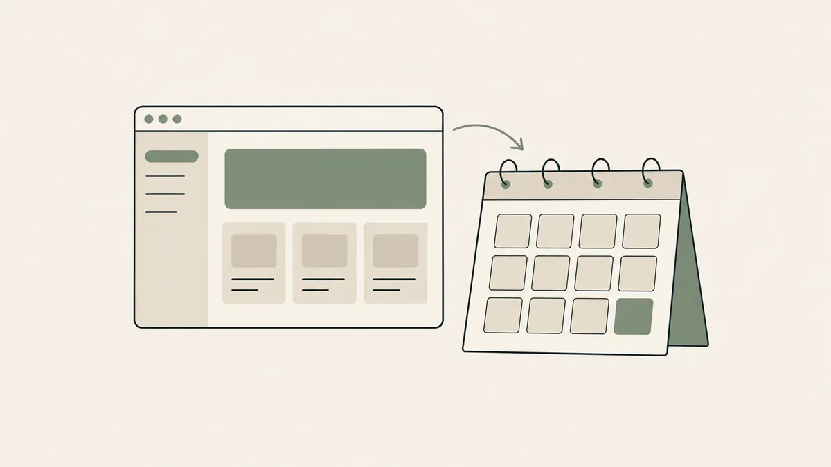 A website window sits beside a calendar with twelve squares and the final square highlighted to mark the first year.